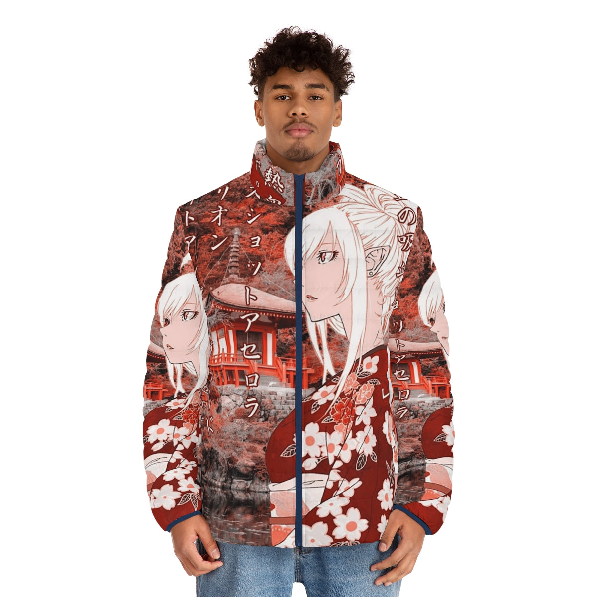 Anime-inspired Kiss Shot Yukata puffer jacket with beautiful scenery and quote - men front