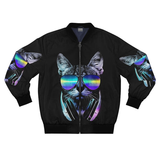 A vibrant and trendy bomber jacket featuring a graphic of a music-loving cat wearing headphones against a neon cityscape backdrop.