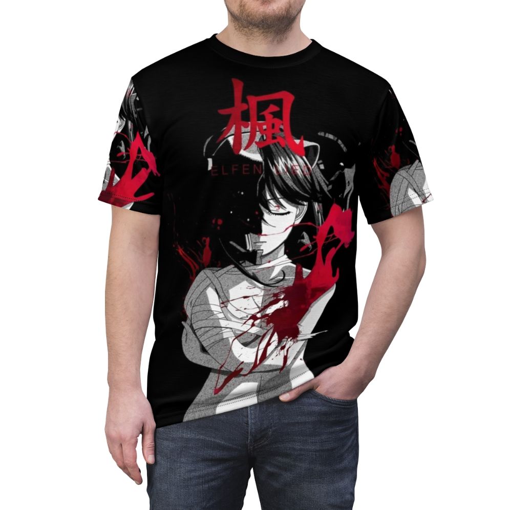 Dark fantasy-inspired graphic t-shirt with diclonius, anime, and Elfen Lied references - men front