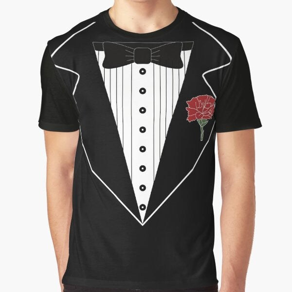 Funny tuxedo graphic t-shirt for men, featuring a playful tuxedo design