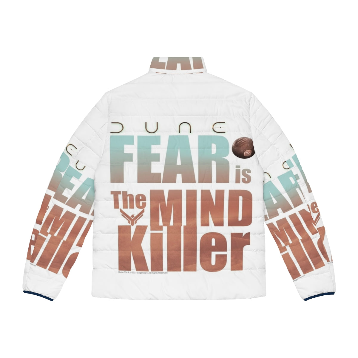 Dune 2020 'Fear Is The Mind Killer' Puffer Jacket featuring iconic Dune quote and movie artwork - Back