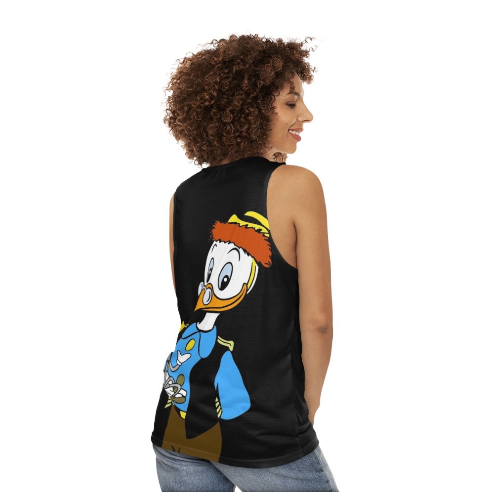 Unisex tank top for inventors and masterminds, featuring Gyro Gearloose - women back