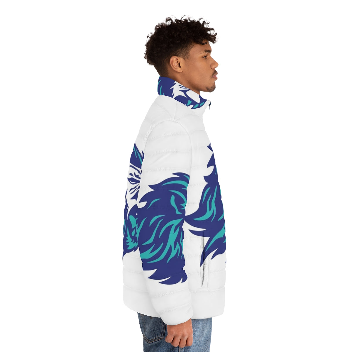 Blue puffer jacket with animal power graphic - men side right