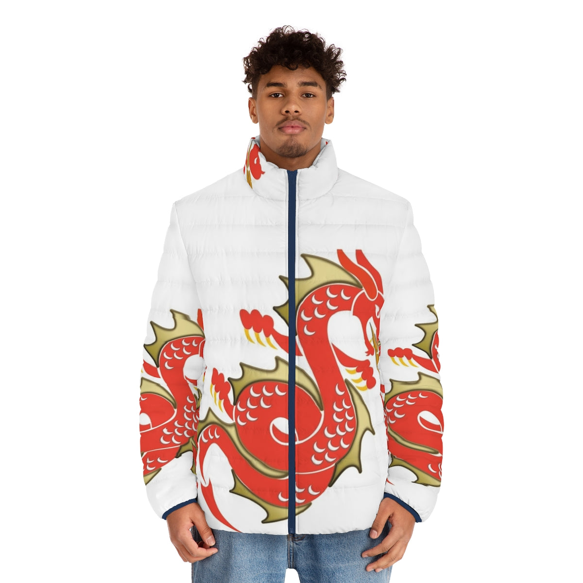 Legendary dragon puffer jacket with fantasy dragon design - men front