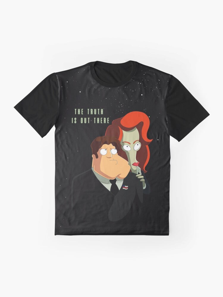 "Truth is Out There" graphic t-shirt featuring American Dad's Roger the Alien and X-Files inspired design - Flat lay