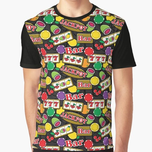 Graphic t-shirt with a pattern of lucky slot machines, jackpots, and fruit symbols