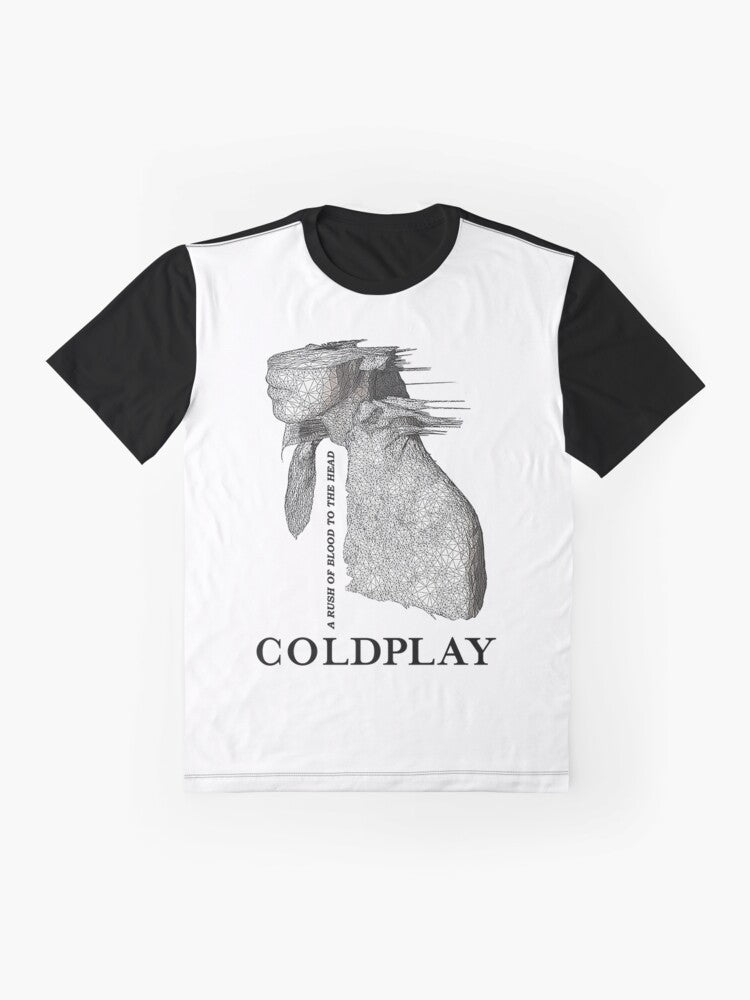 Coldplay band graphic t-shirt with band logo and text - Flat lay