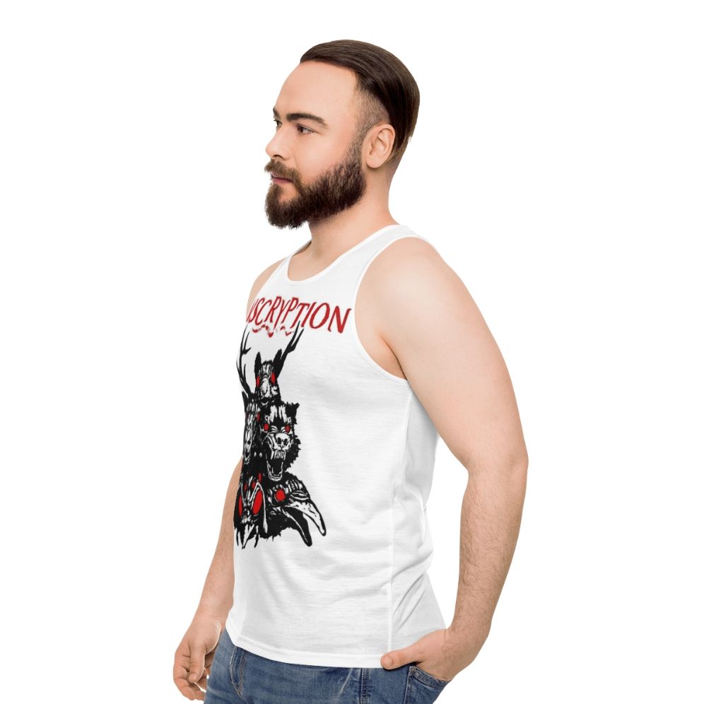 Unisex tank top with totems and inscryption encryption logo design - men side