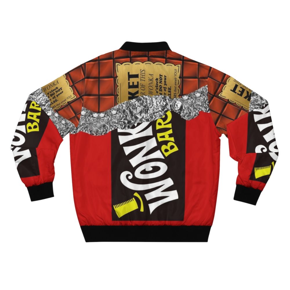 Vintage-style bomber jacket with a chocolate and golden ticket design, inspired by the Willy Wonka chocolate factory. - Back