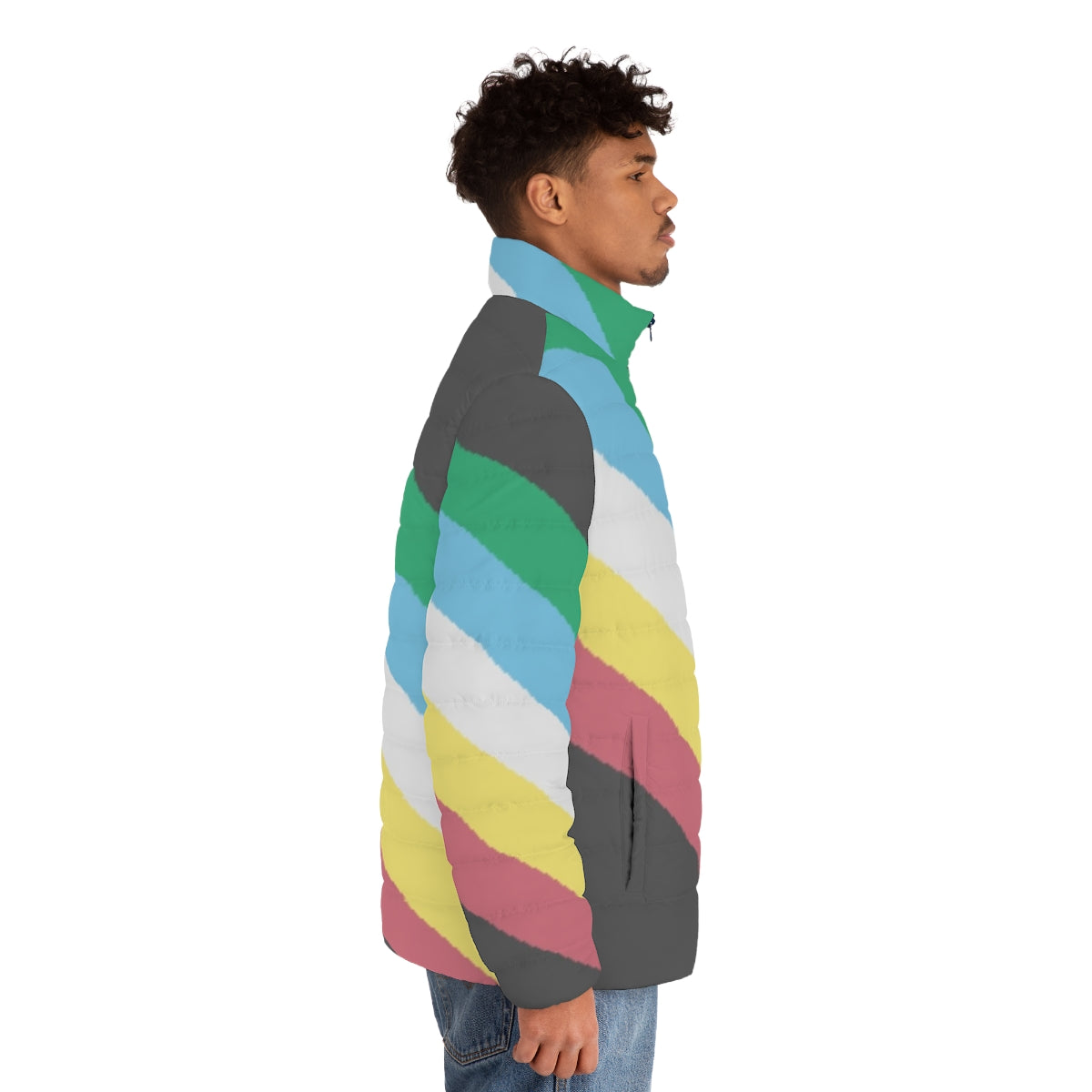 Disability Pride Flag Puffer Jacket with bold, colorful disability pride flag design - men side right