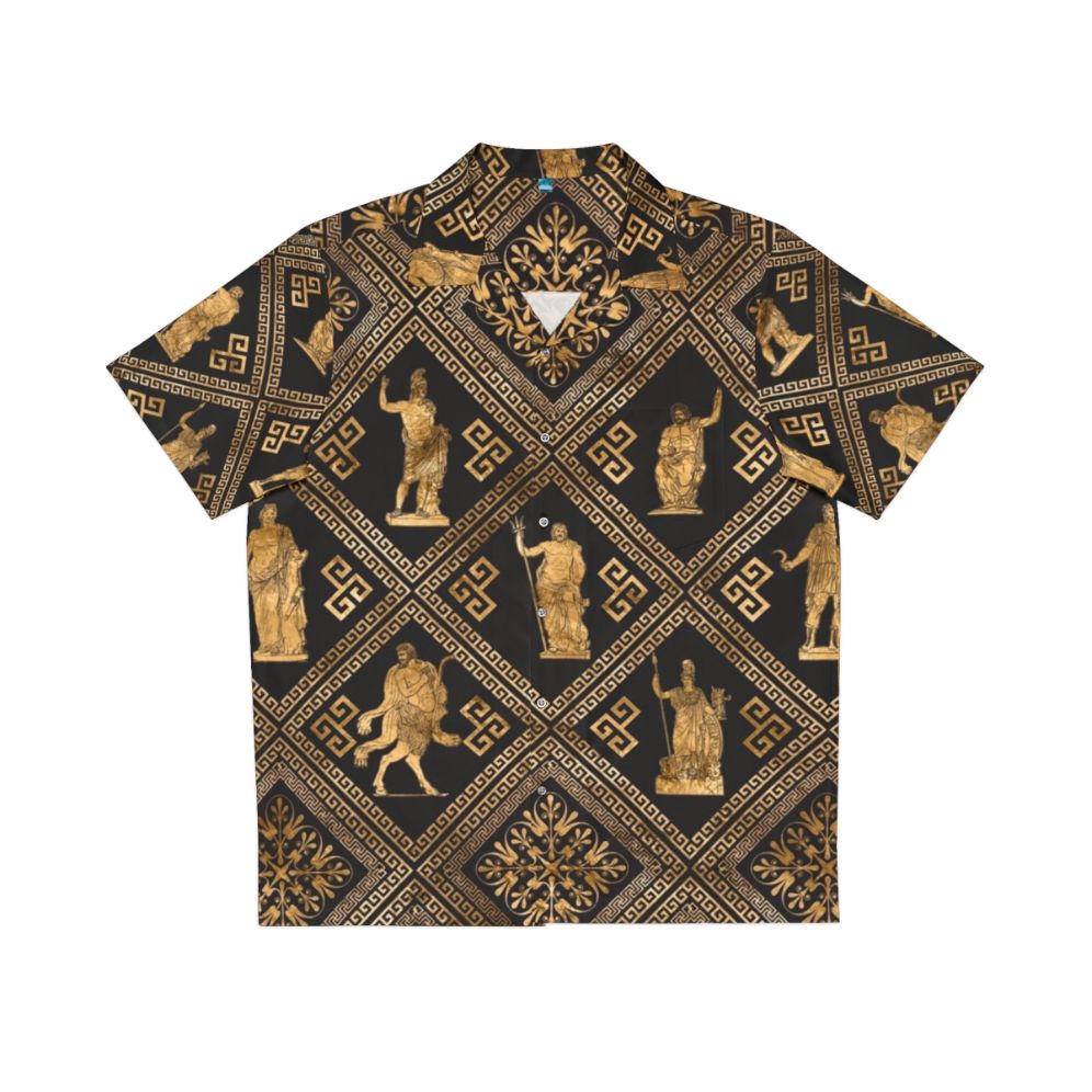 Greek deities and meander key ornament design on a black Hawaiian shirt