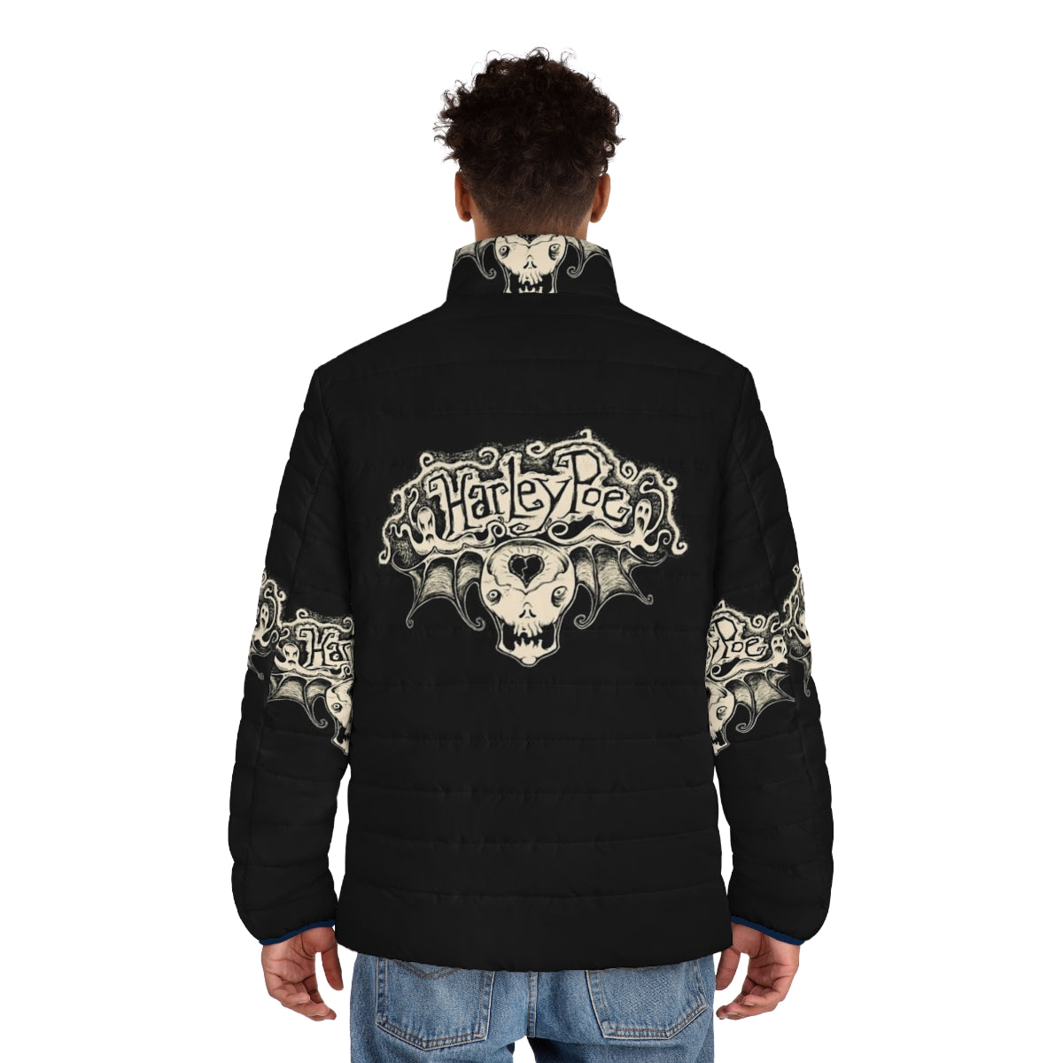 Scared Harley Skull Poe Wings Puffer Jacket featuring the classic Harley Poe band logo - men back