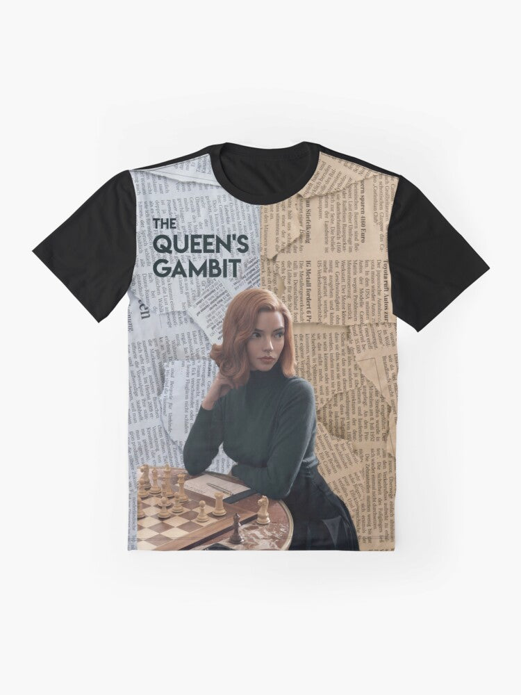 The Queen's Gambit Chess Graphic T-Shirt featuring Beth Harmon and a chessboard design - Flat lay