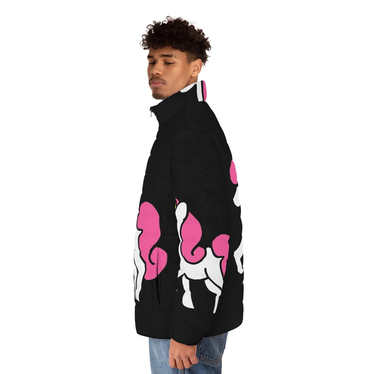 A close-up image of a cute pink unicorn puffer jacket with a whimsical design. - men side left