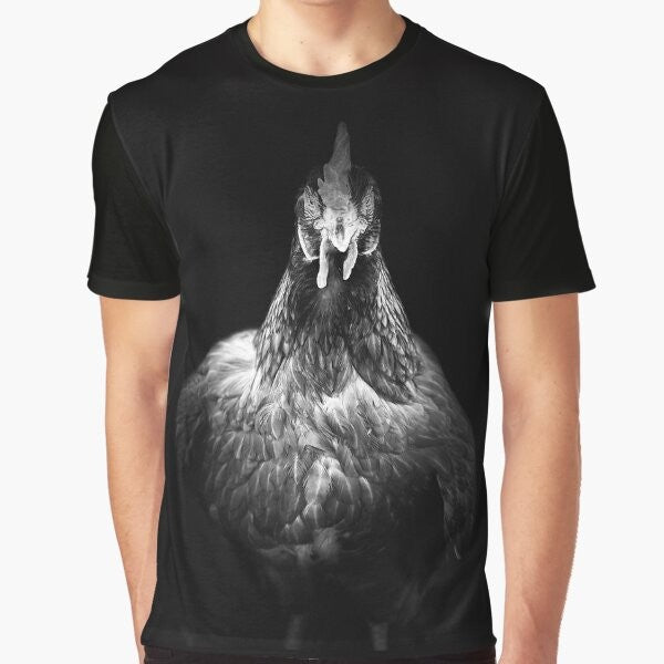 Hen-tensity graphic t-shirt with a vintage-style illustration of a hen, chicken, or rooster