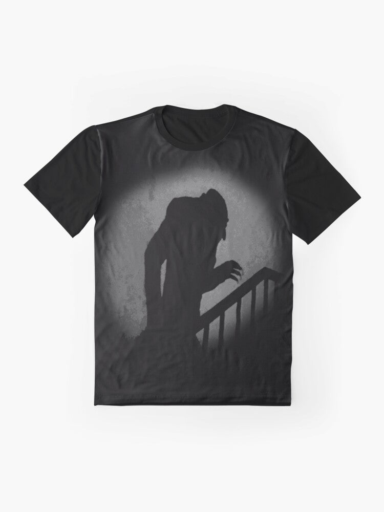 Spooky Nosferatu vampire silhouette graphic on a t-shirt - Flat lay