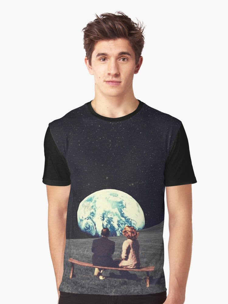 Vintage surreal collage t-shirt design featuring a couple waiting in a surreal, space-themed landscape with the Earth in the background. - Men