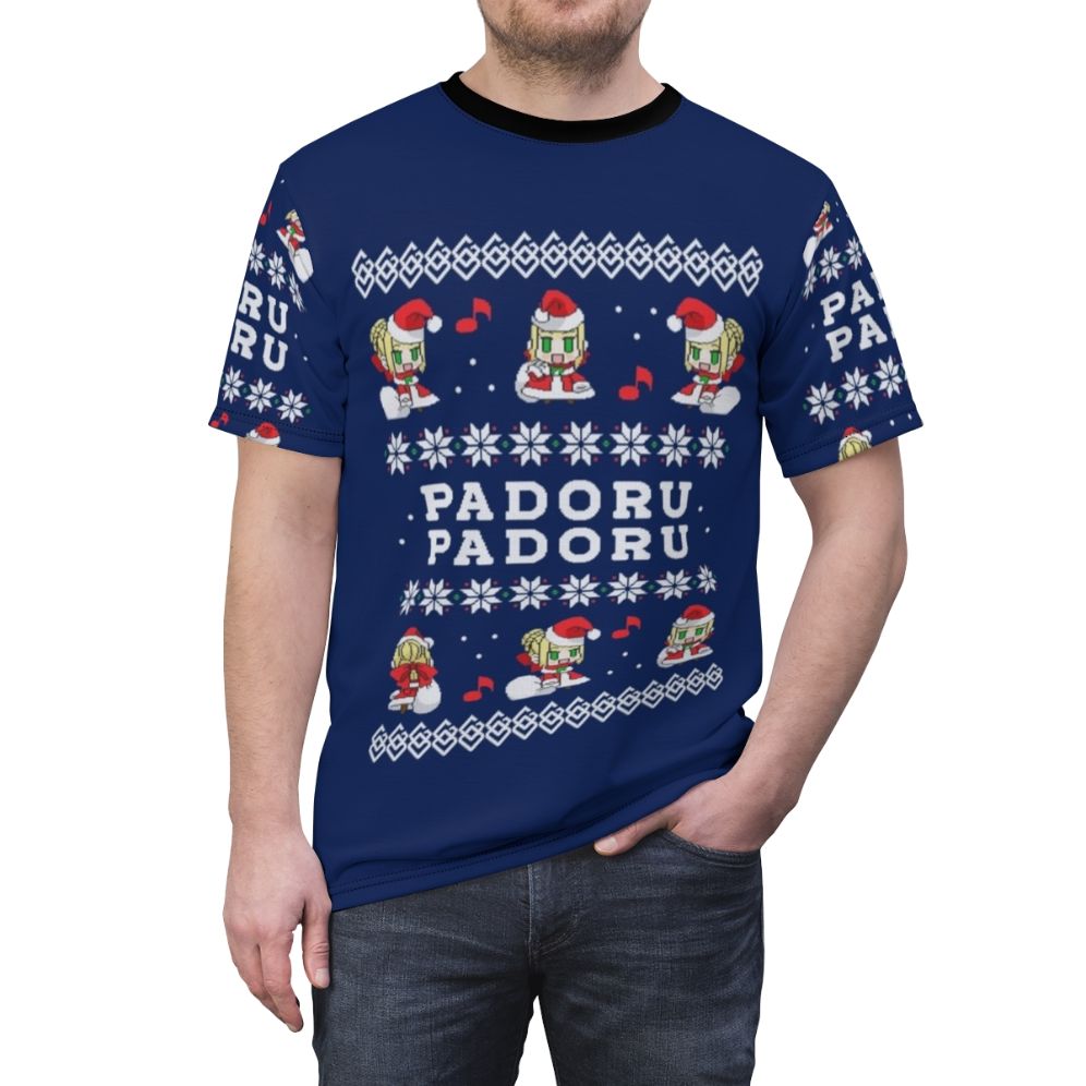 Padoru themed anime t-shirt featuring characters from the Fate series, including Saber, Nero, and Claudius, perfect for fans of Fate Grand Order and winter holiday celebrations. - men front