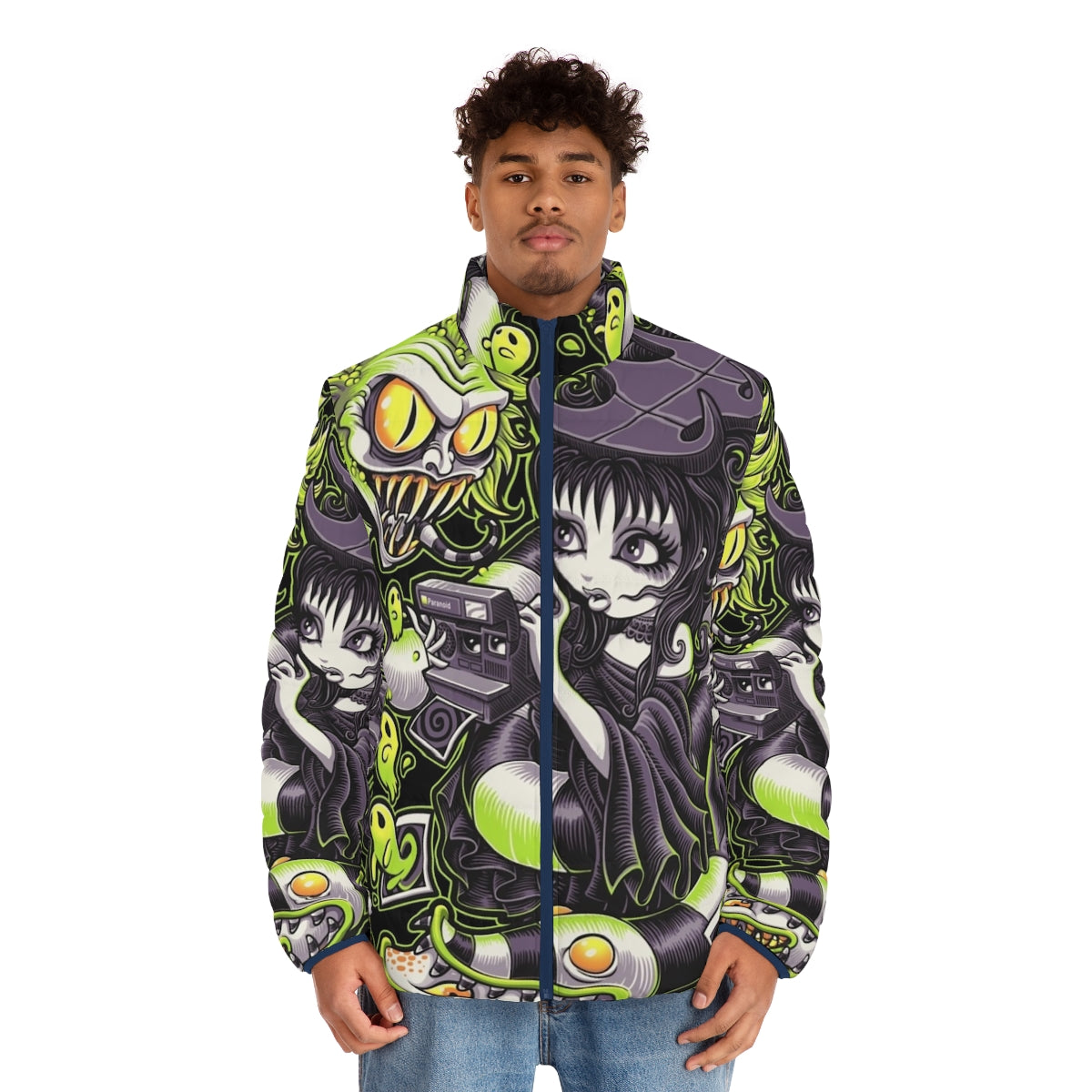 A puffer jacket with a gothic, horror-inspired design featuring Beetlejuice-inspired elements - men front