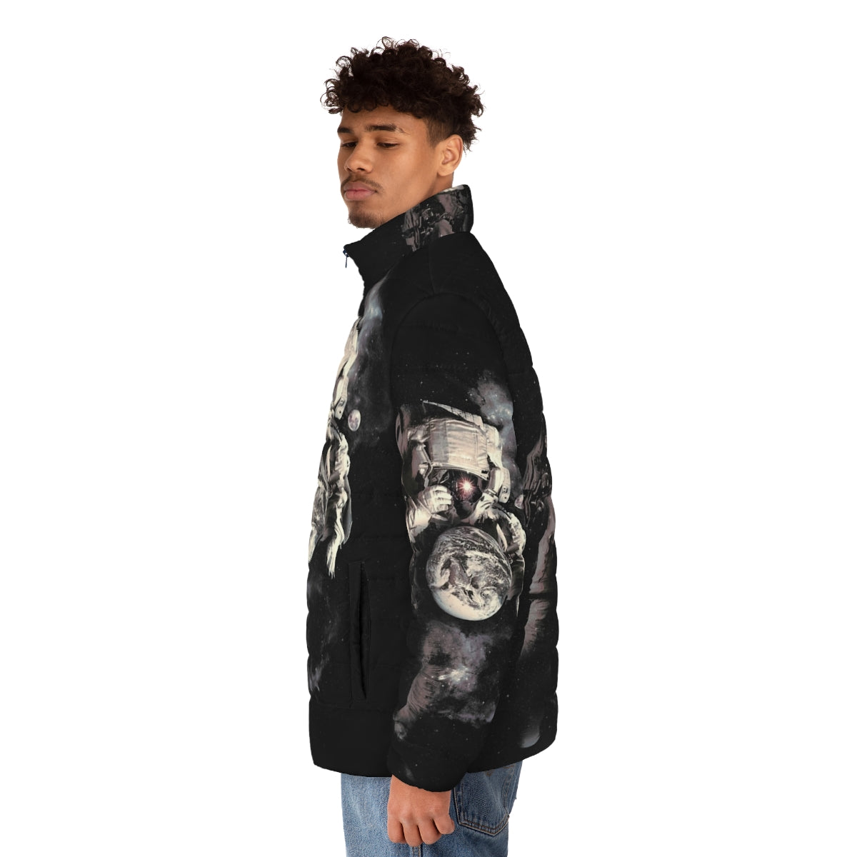 Puffer jacket with cosmic, galaxy, and space-themed design - men side left