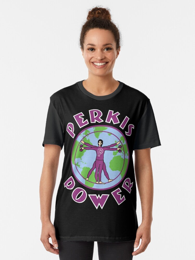 "Perkis Power Graphic T-Shirt featuring the iconic 90s movie character Tony Perkis from Heavyweights" - Women