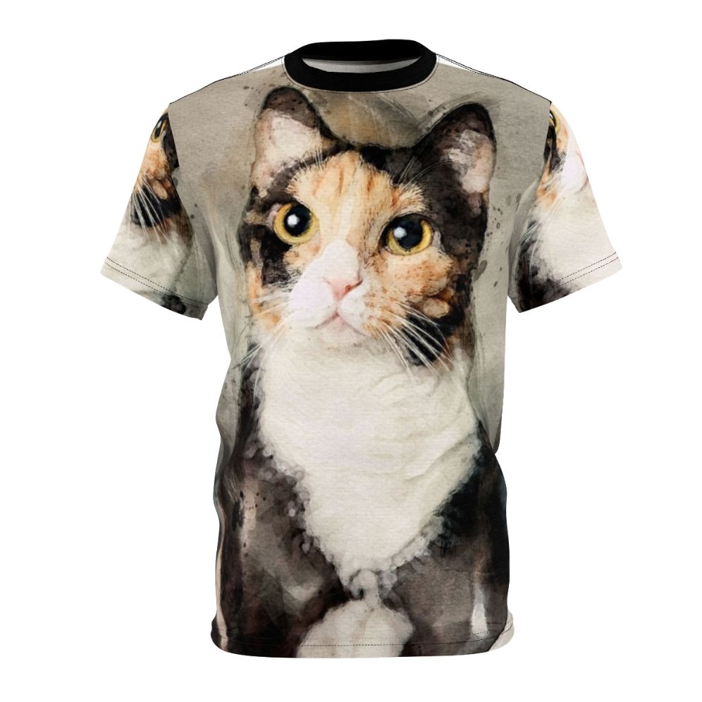 Watercolor painting of a calico cat on a t-shirt