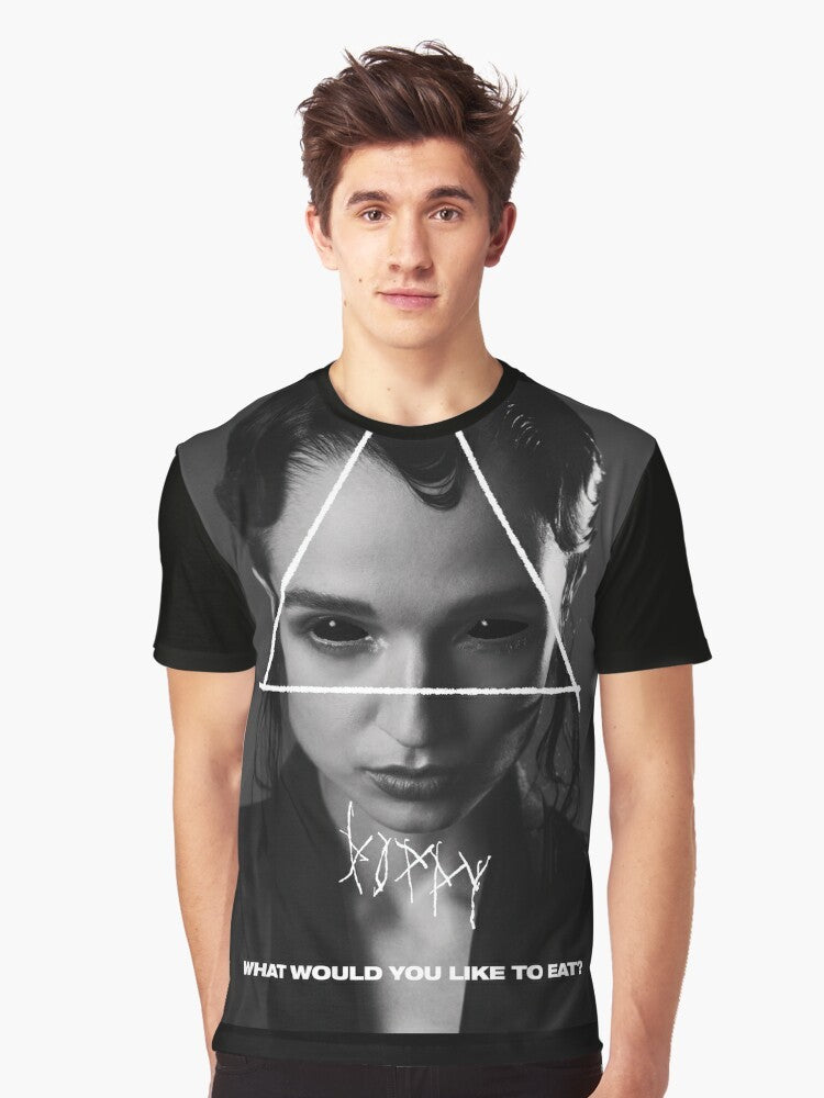 Poppy "What Would You Like to Eat?" graphic t-shirt, featuring the dark, gothic triangle logo and text - Men