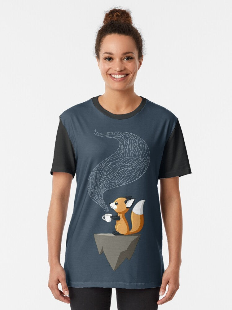 Cute smiling fox illustration sitting with a cup of tea, autumn-themed fantasy graphic t-shirt design. - Women