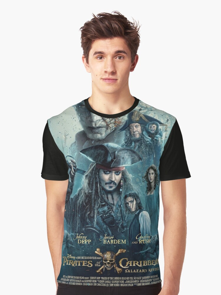 A graphic t-shirt featuring the movie "Pirates of the Caribbean: Dead Men Tell No Tales" with characters like Jack Sparrow, Davy Jones, and Will Turner. - Men