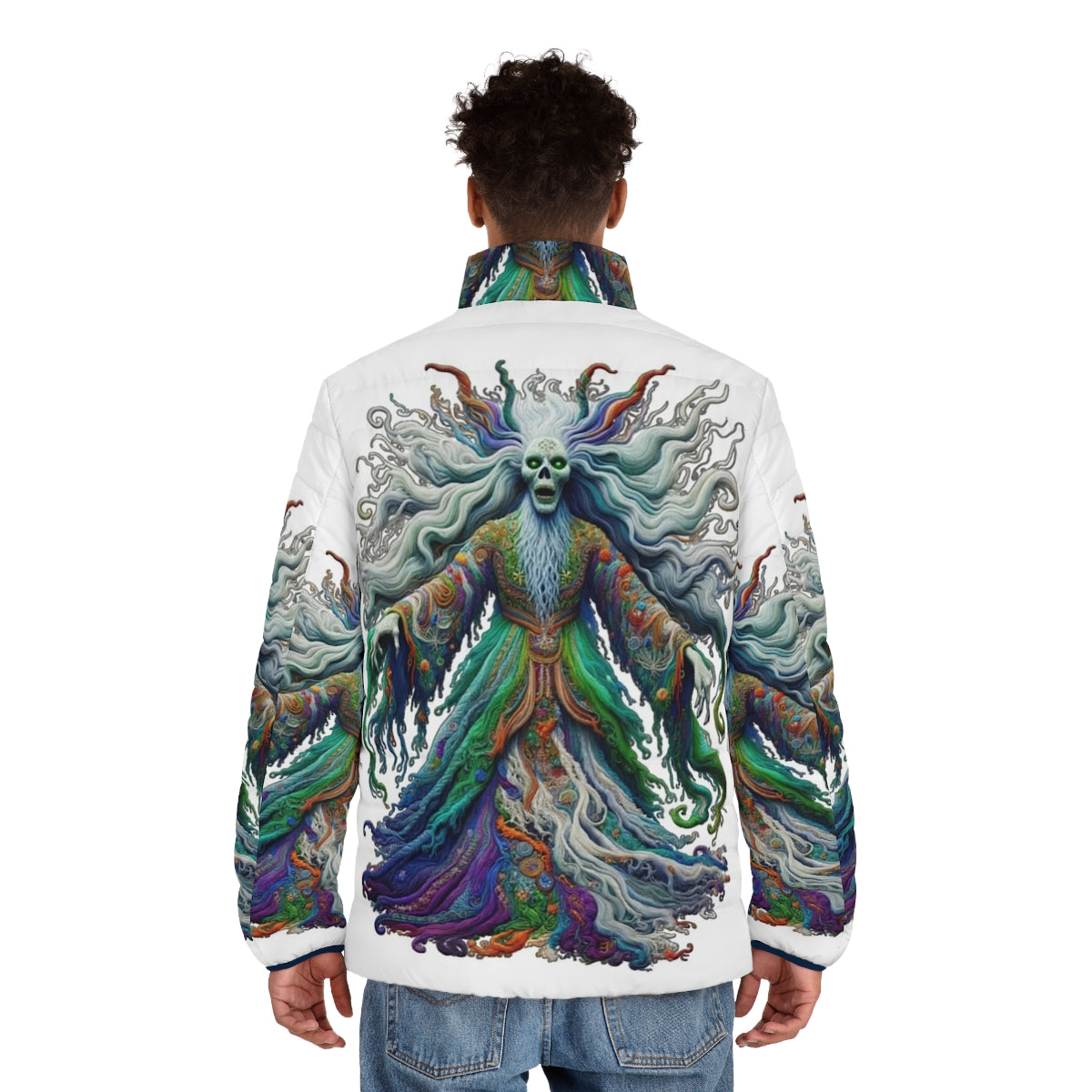 Colorfull puffer jacket with embroidered mythical banshee design - men back