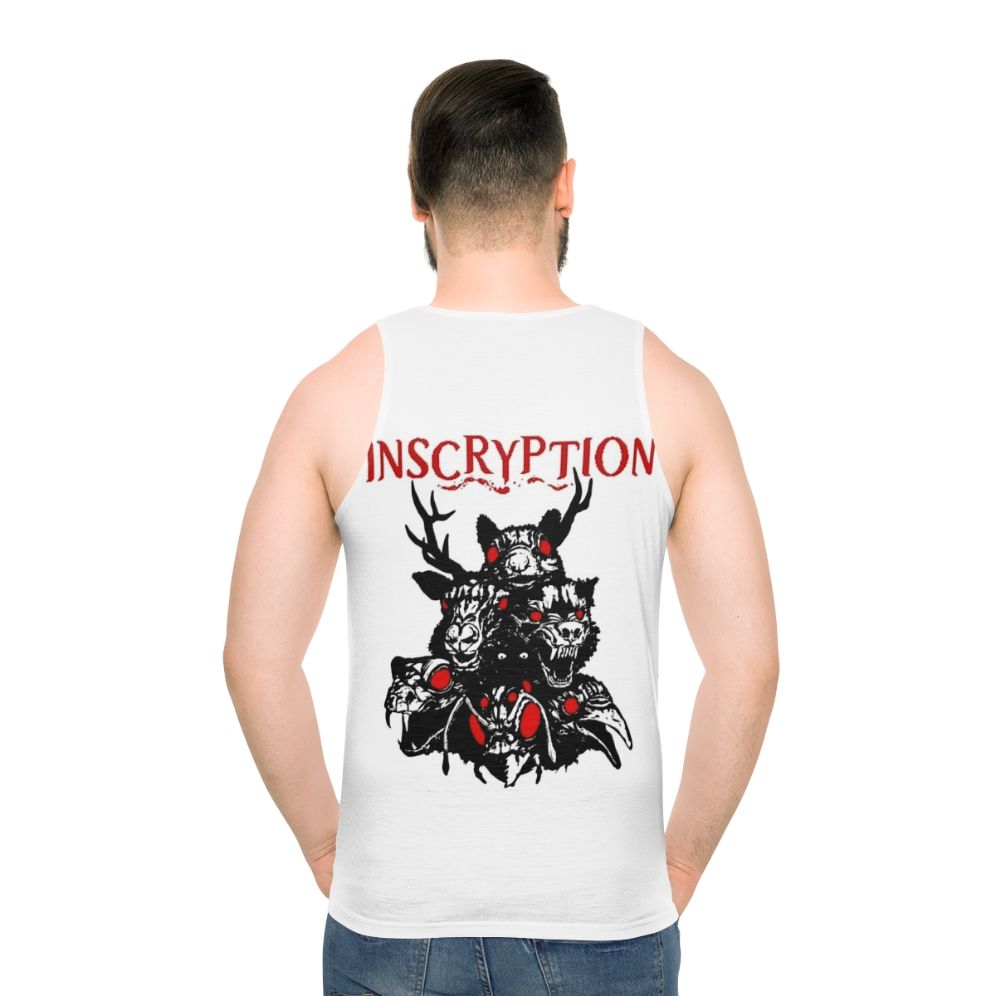 Unisex tank top with totems and inscryption encryption logo design - men back