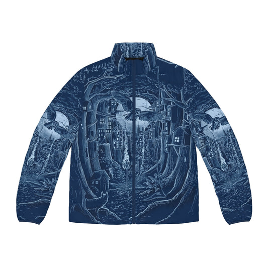 Puffer jacket with forest, moon, and animal elements