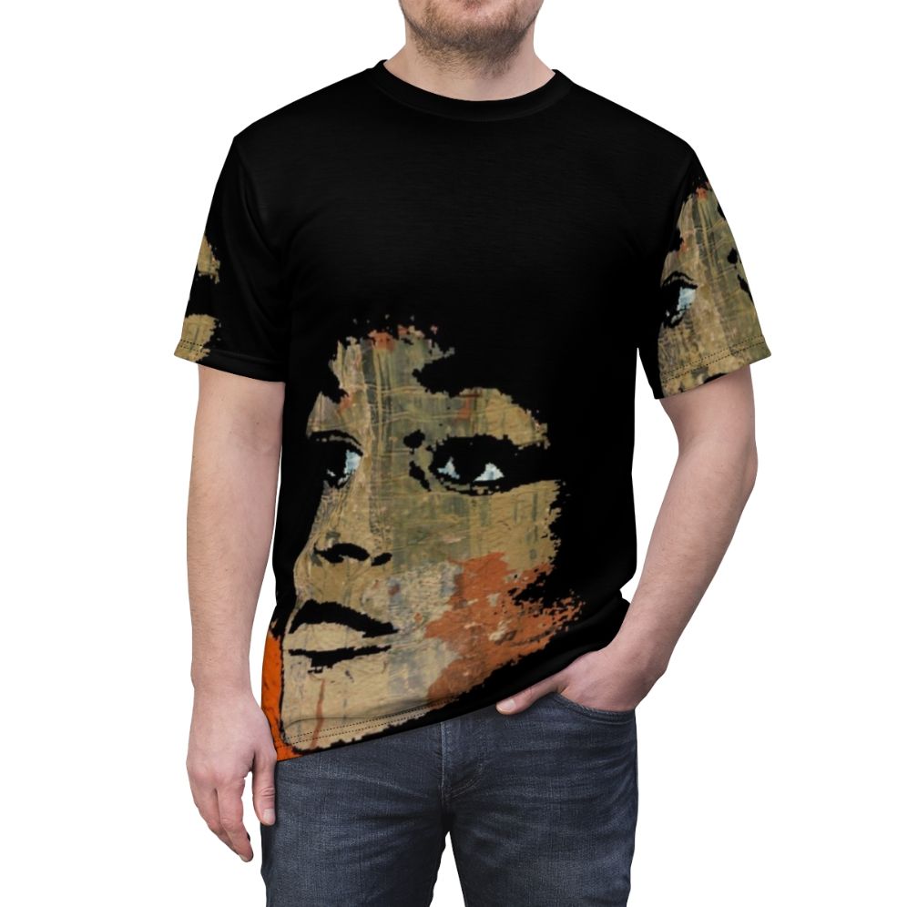 Graphic t-shirt featuring a stylized portrait of Angela Davis, a prominent civil rights activist and scholar - men front