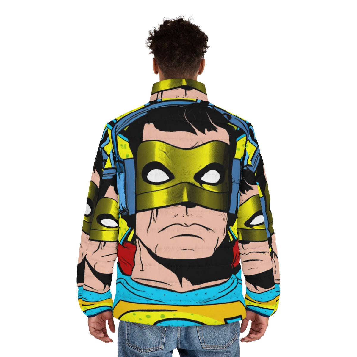 Superhero wearing headphones in a puffer jacket - men back