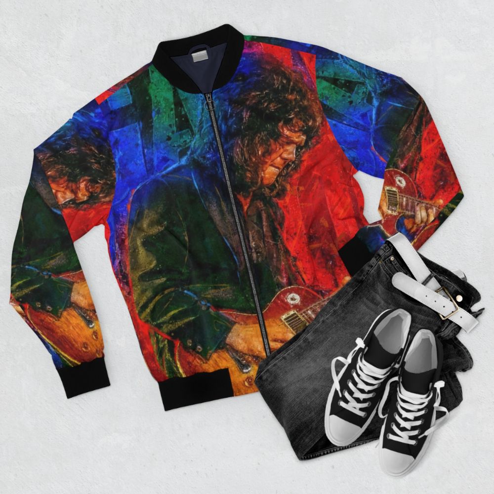 Gary Moore portrait art bomber jacket featuring the legendary musician - Flat lay