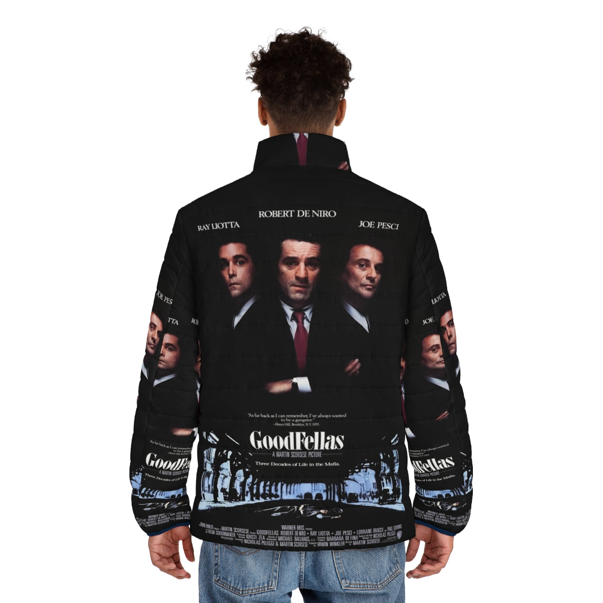 Goodfellas-inspired puffer jacket with movie poster graphics - men back