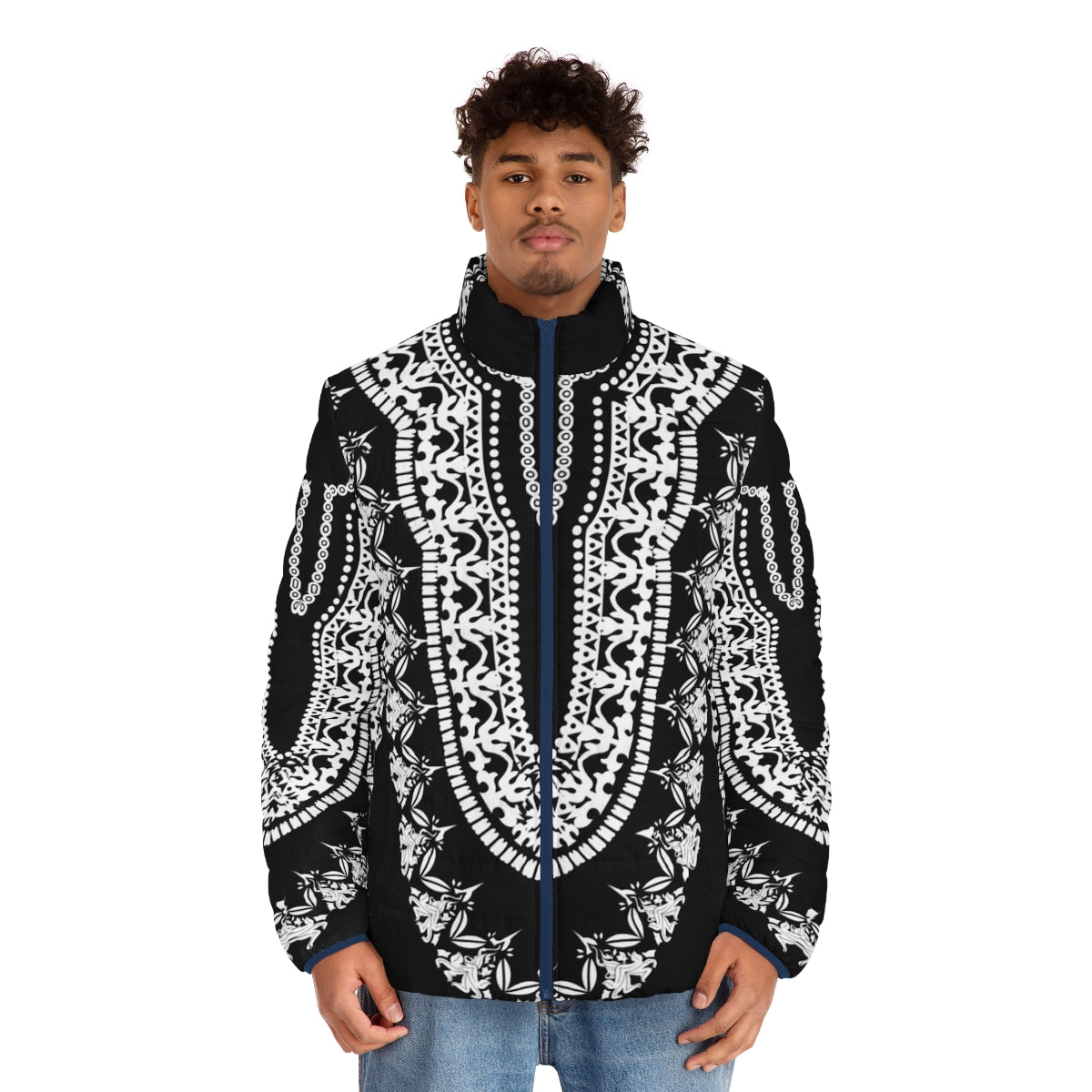 A black puffer jacket with a wakanda-inspired tribal pattern design - men front