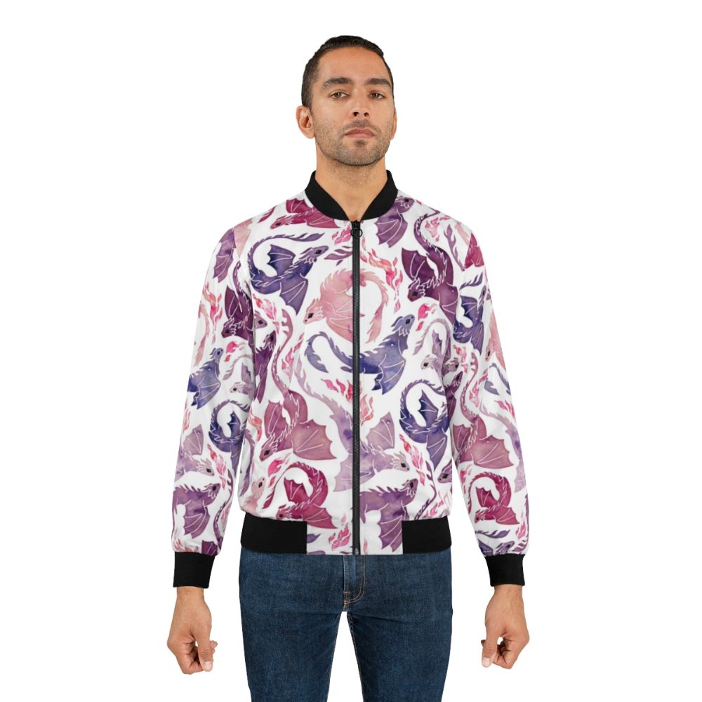 Enchanting pink and purple bomber jacket with a fantasy dragon fire design - Lifestyle