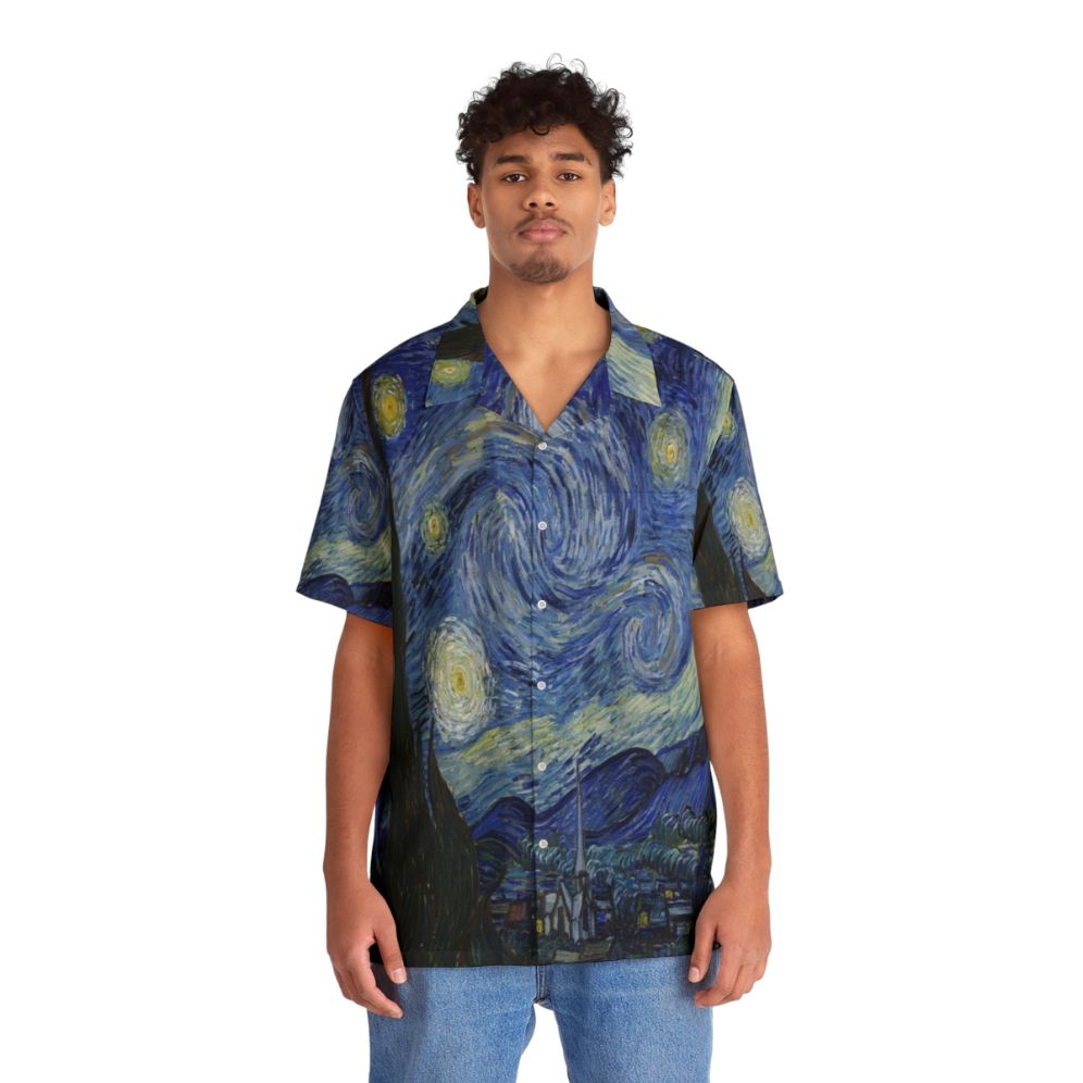 A Hawaiian shirt featuring the iconic painting "The Starry Night" by Vincent Van Gogh - People Front