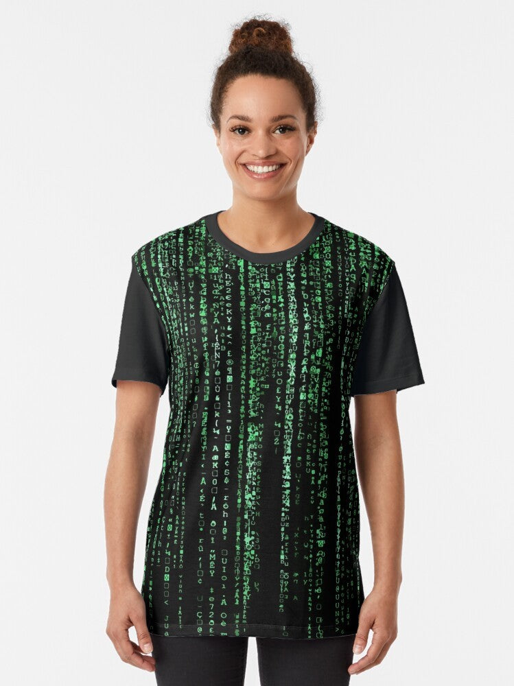 The Matrix Code Background Pattern Graphic T-Shirt featuring the iconic green code from the Matrix movies - Women