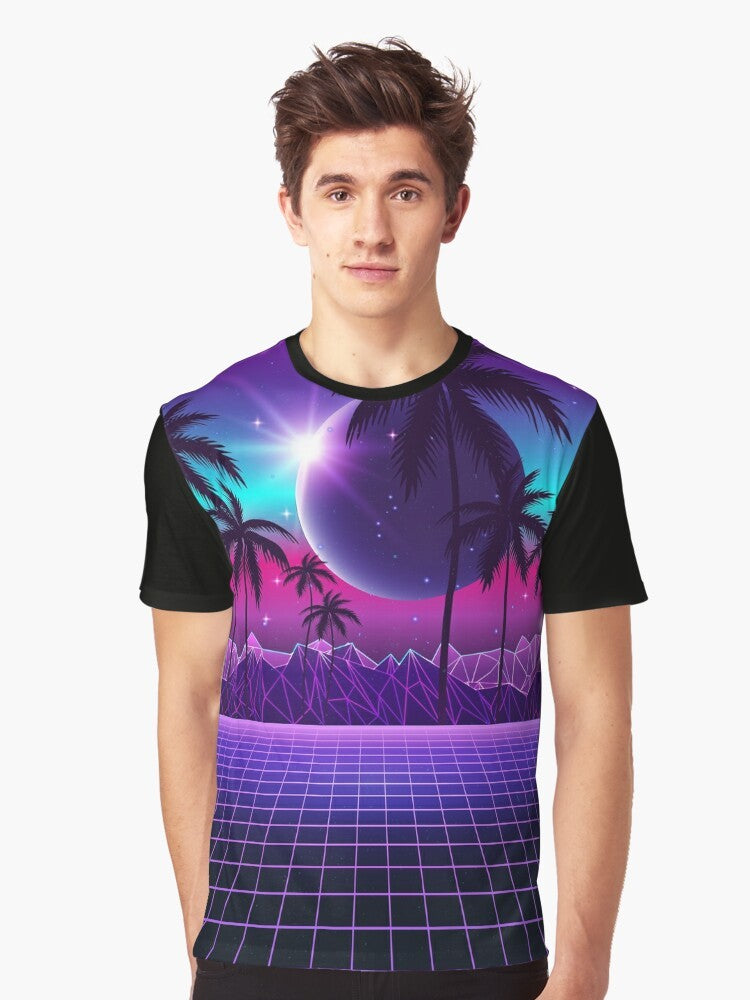 Retro futuristic Twilight Synthwave graphic t-shirt with neon colors and a dreamy, aesthetic design. - Men