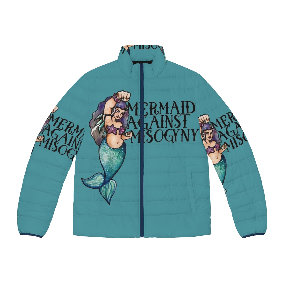 Mermaid themed feminist puffer jacket with a message of female empowerment