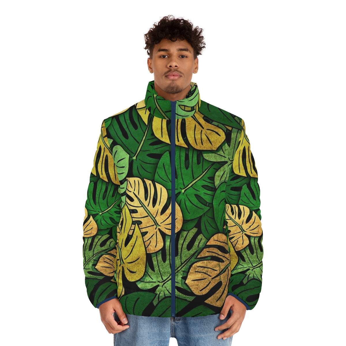 Puffer jacket featuring a grunge-inspired monstera leaf print - men front