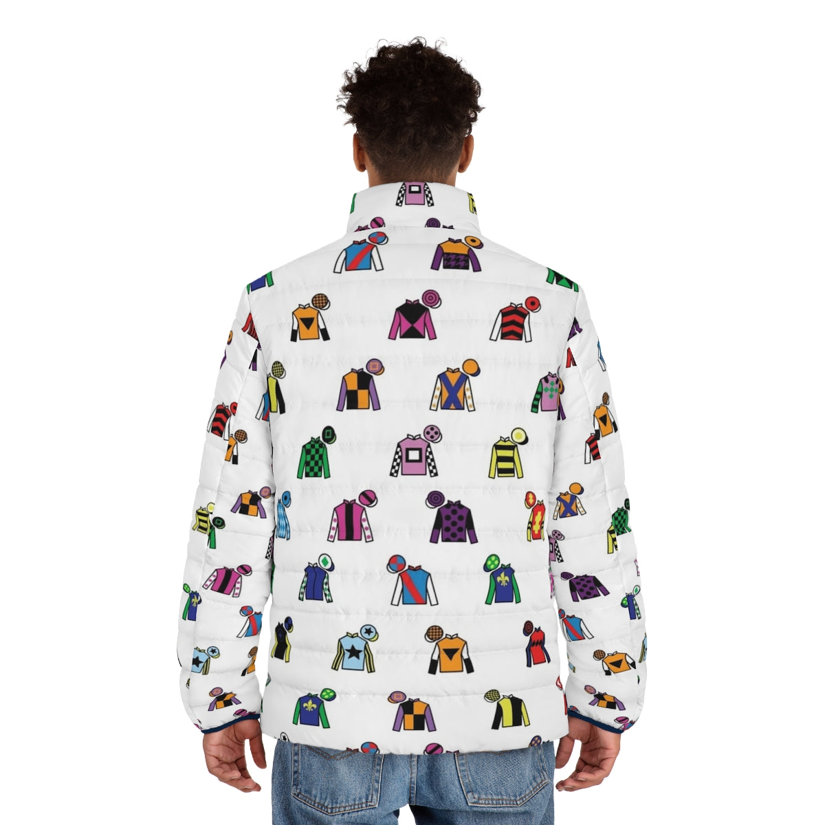 Colorful puffer jacket with horse racing jockey silks design - men back