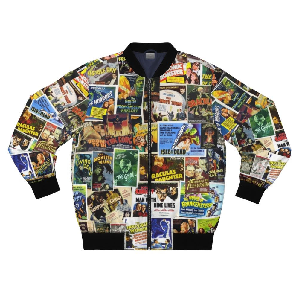 Vintage horror bomber jacket featuring classic movie monsters like Dracula, Frankenstein, and more.