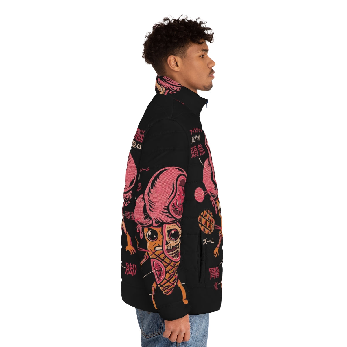 Colorful ice cream kaiju puffer jacket with a vintage and whimsical design - men side right