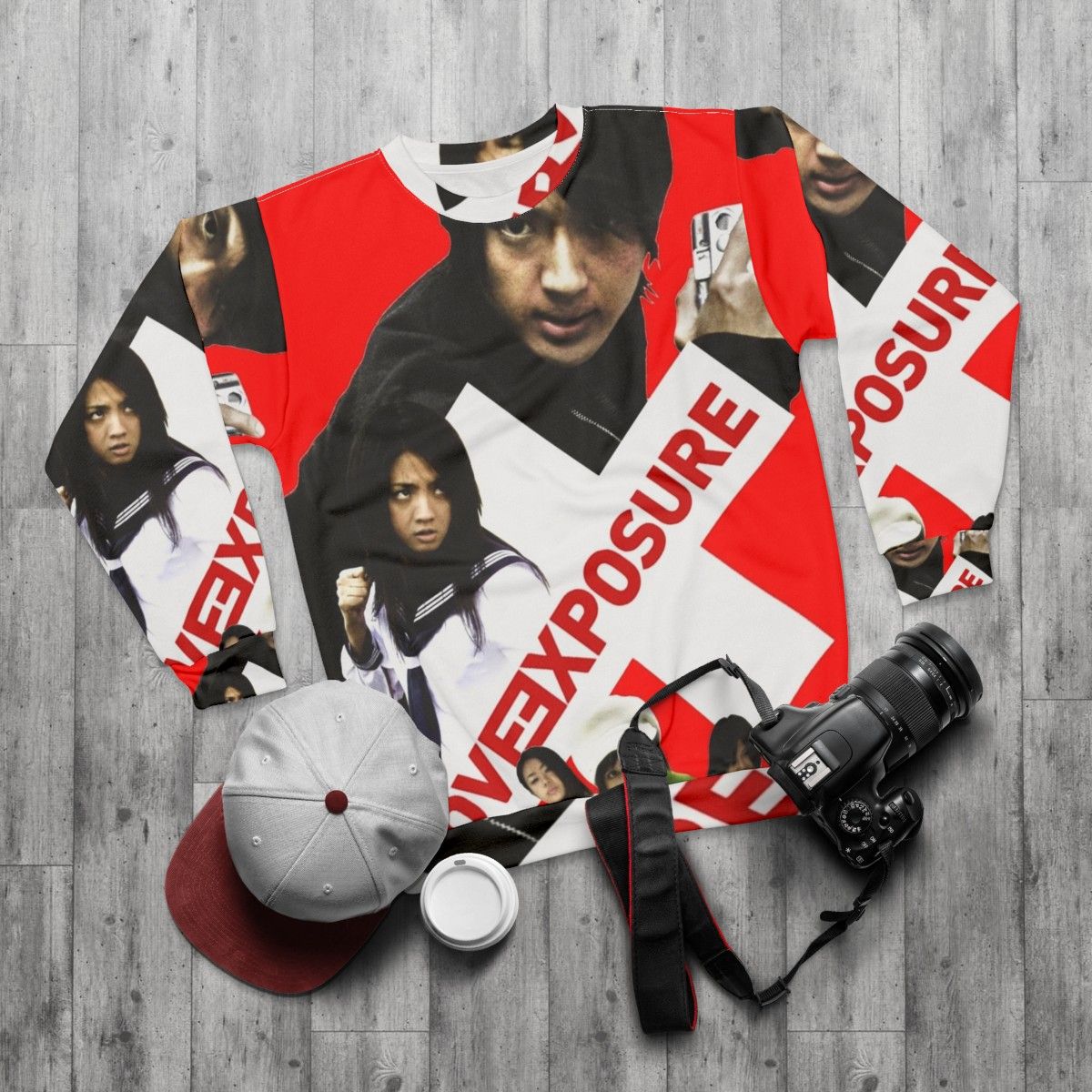 Sion Sono's "Love Exposure" Sweatshirt featuring Japanese cinema-inspired design - flat lay