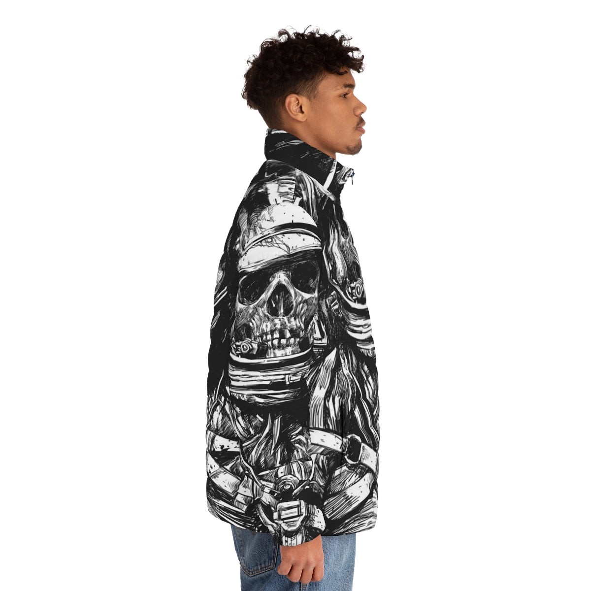 Dead astronaut puffer jacket with eerie space exploration theme - men side right