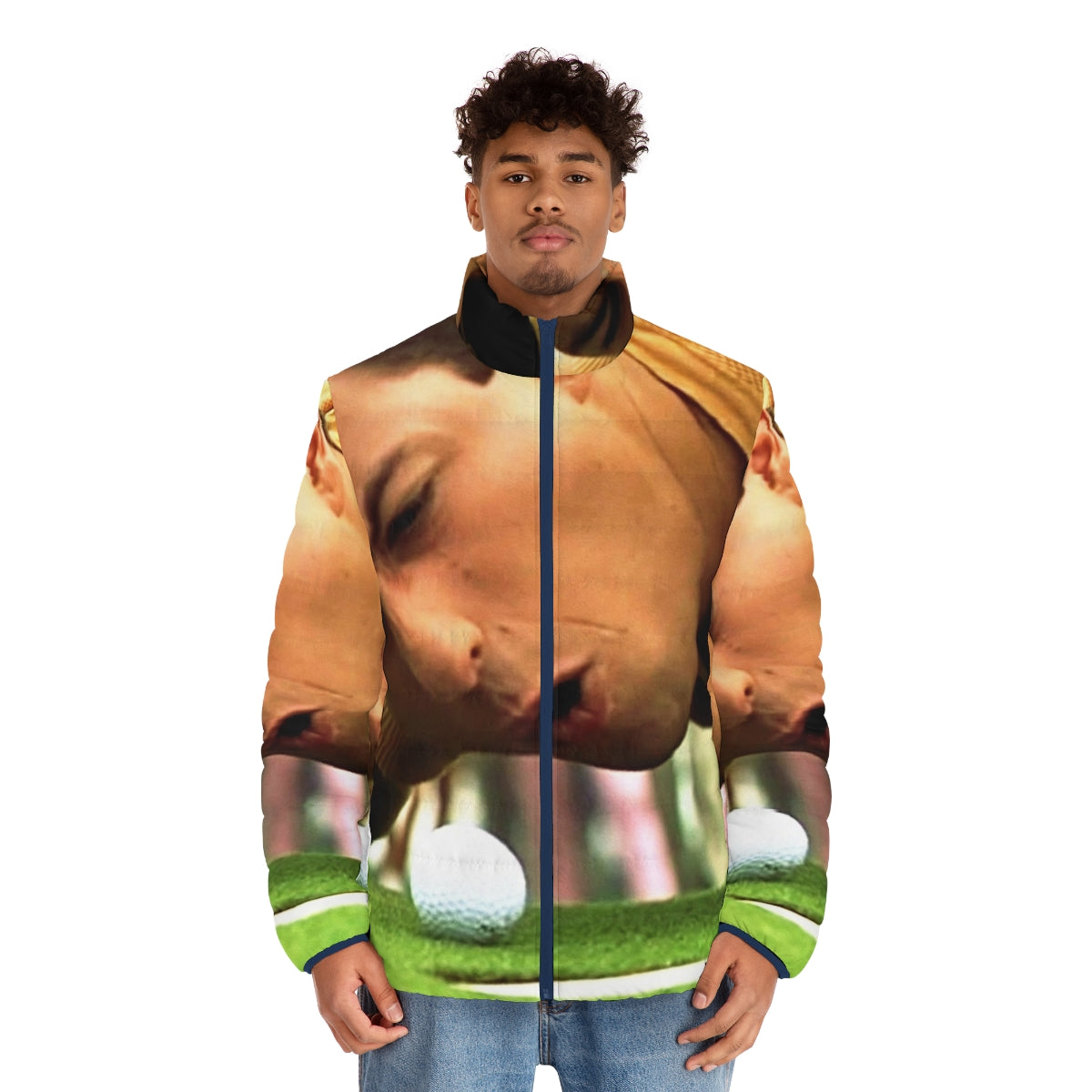 Funny golf puffer jacket featuring comedic design and aesthetic appeal - men front