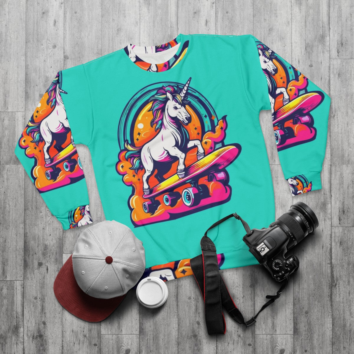 Unicorn skateboarding neon color sweatshirt - flat lay